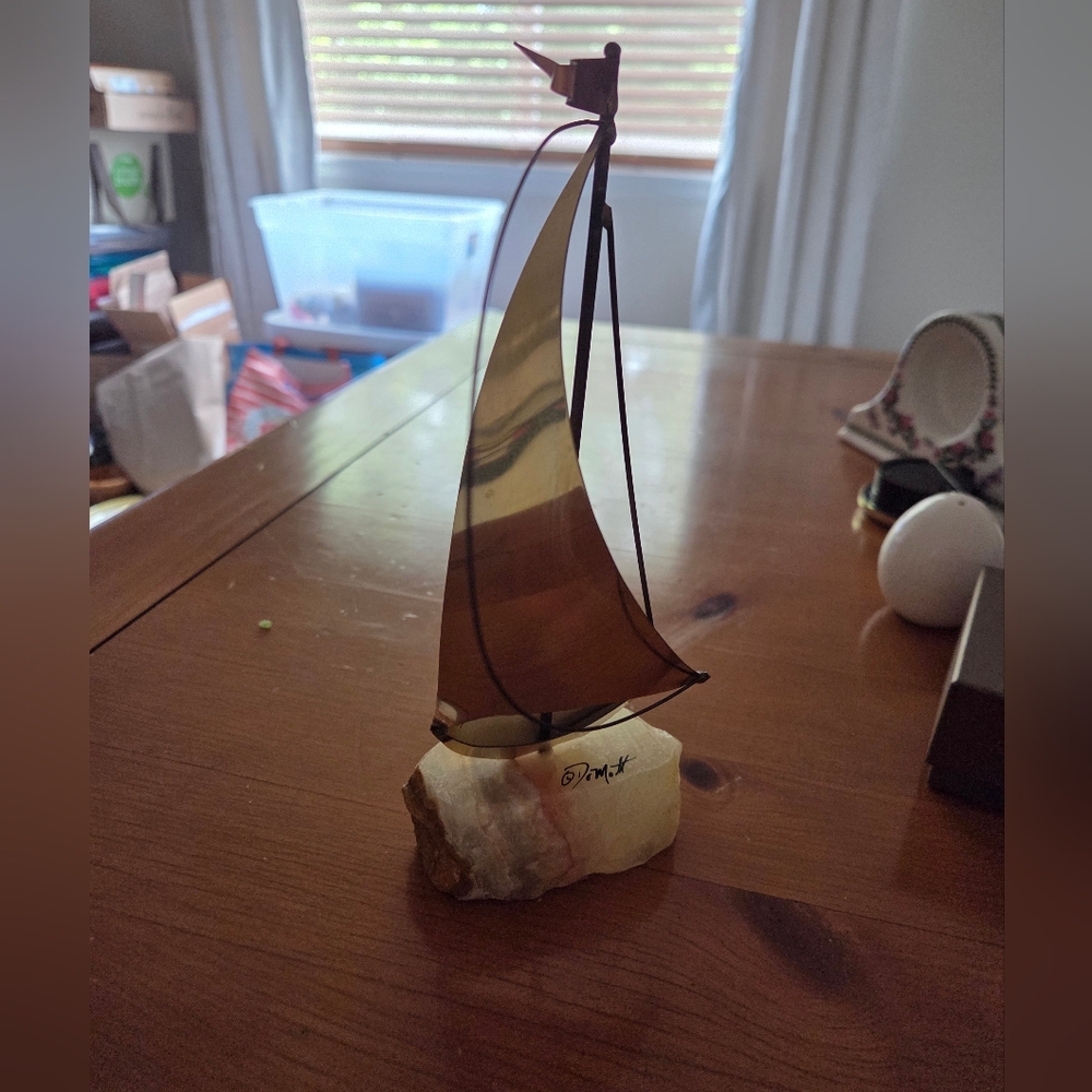 John De Mott Brass Copper Sailboat On An Onyx Base Mid Century 70s 80s